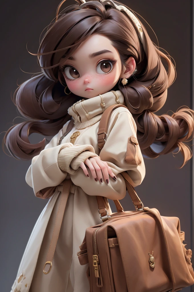 work of art, best qualityer, 8k, offcial art, cinematic light, ultra high resolution, 1 girl, sexly, mellow, standing alone, jewerly, aretes, cups, overskirt, long hair, duffel bag, looking ahead at viewer, hoop aretes, sweater, white sweater, chestnut hair, black eyes,brown background, jaket, brown overskirt, sleeves past the wrists, high collar, long sleeves, containment, brown jaket, brown nails, handduffel bag