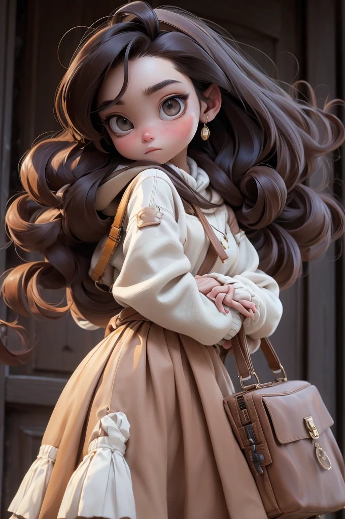 work of art, best qualityer, 8k, offcial art, cinematic light, ultra high resolution, 1 girl, sexly, mellow, standing alone, jewerly, aretes, cups, overskirt, long hair, duffel bag, looking ahead at viewer, hoop aretes, sweater, white sweater, chestnut hair, black eyes,brown background, jaket, brown overskirt, sleeves past the wrists, high collar, long sleeves, containment, brown jaket, brown nails, handduffel bag
