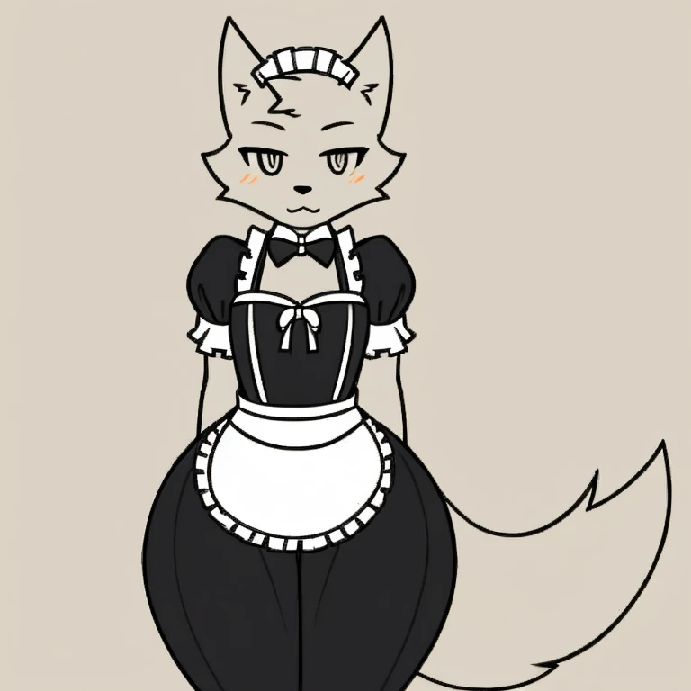 White fur, Wolf, anthro, furry, solo, simple art ,Cold eyes,( wide hips:1.2) ,full body, Maid costume，