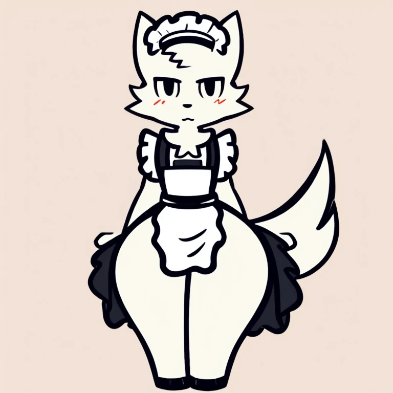 White fur, Wolf, anthro, furry, solo, simple art ,Cold eyes,( wide hips:1.2) ,full body, Maid costume，