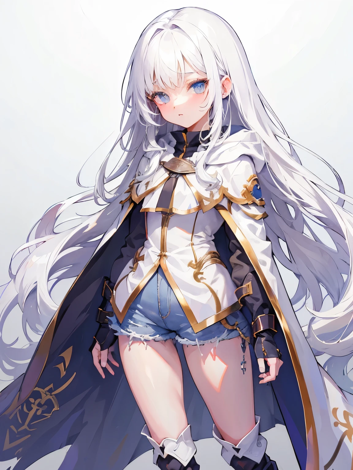 White hair，Long hair，beautiful girl，shirt，Short shorts，Knee socks，Ankle boots，Large size cape，Large hooded cape，****，whole body，detail，HD，8k，Normal hand，Both hands