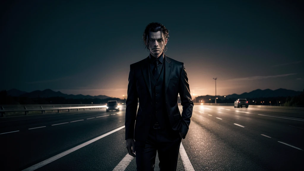 sinister and mysterious man standing on a highway on a very dark night