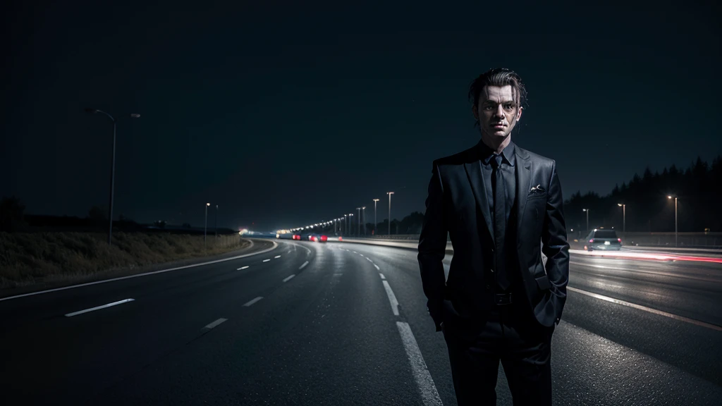 sinister and mysterious man standing on a highway on a very dark night