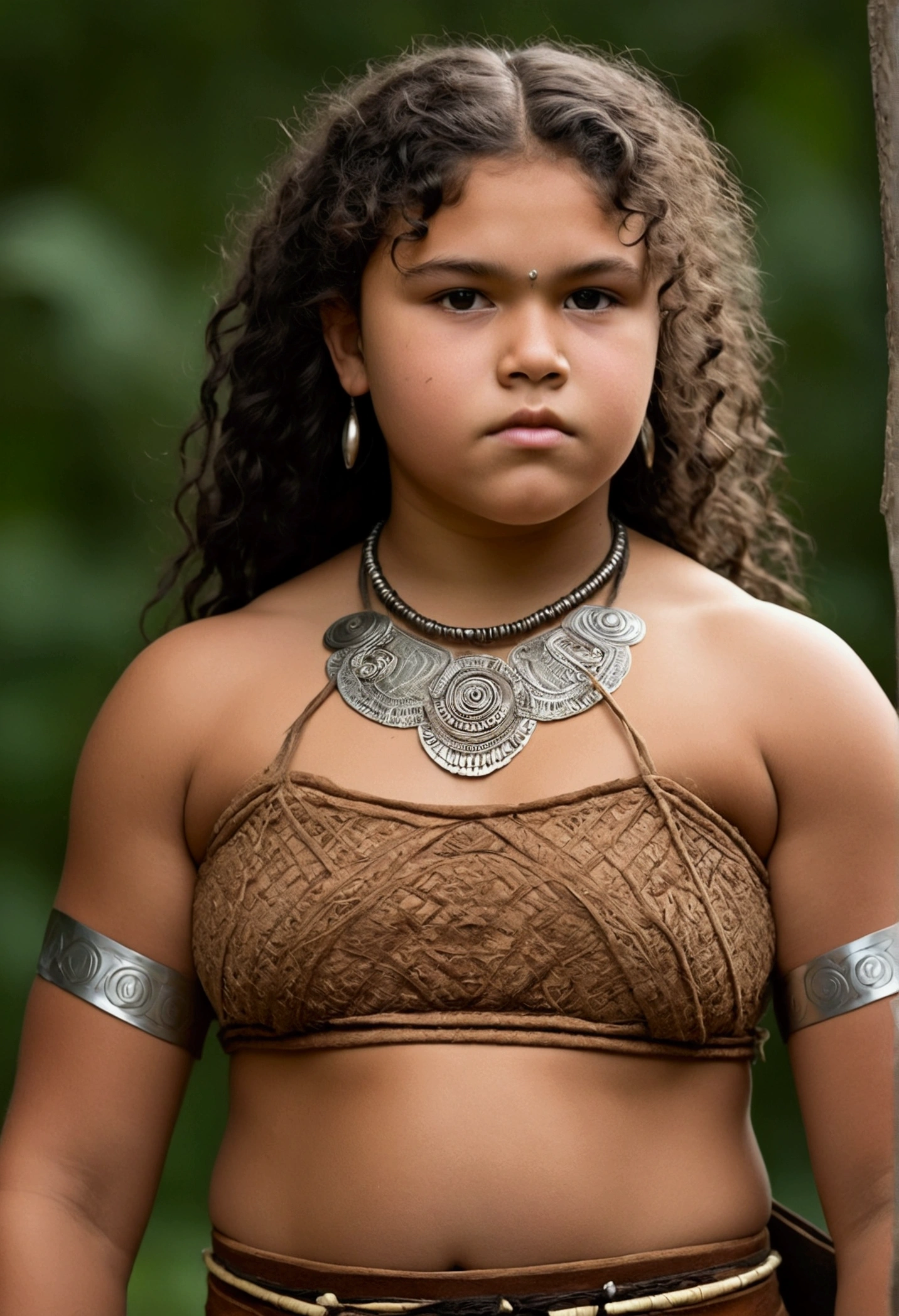 Gosta, a light brown girl. Corpulent, but pure muscle, with light brown skin and black curly hair. . Indigenous warrior.