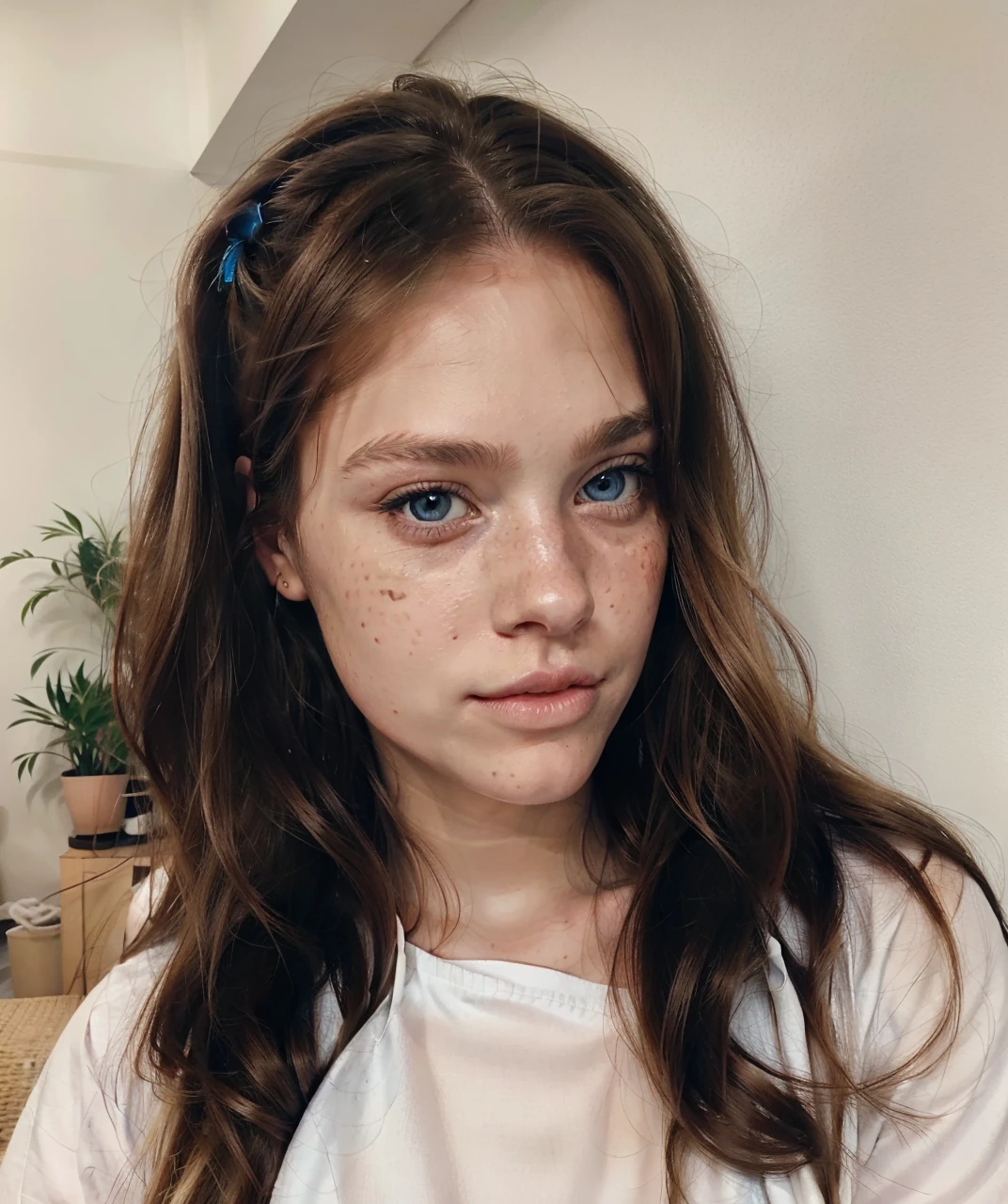 blonde girl, with long hair in a ponytail with waves, blue eyes and slightly pink lips, freckles on his face, posing selfie mode, looks realistic
