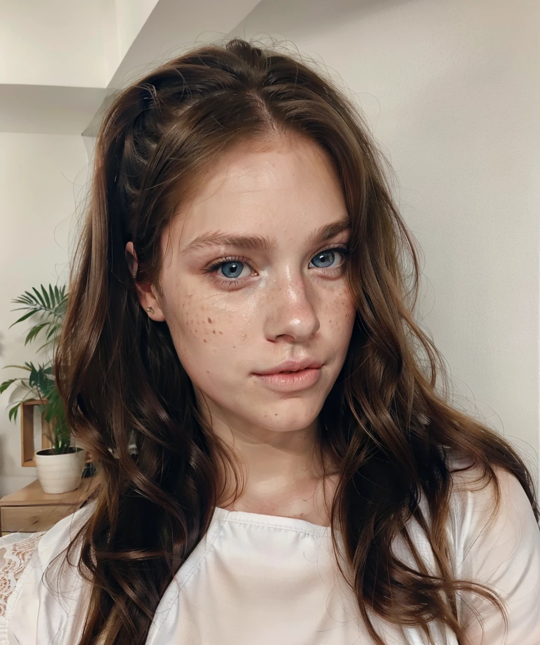 blonde girl, with long hair in a ponytail with waves, blue eyes and slightly pink lips, freckles on his face, posing selfie mode, looks realistic