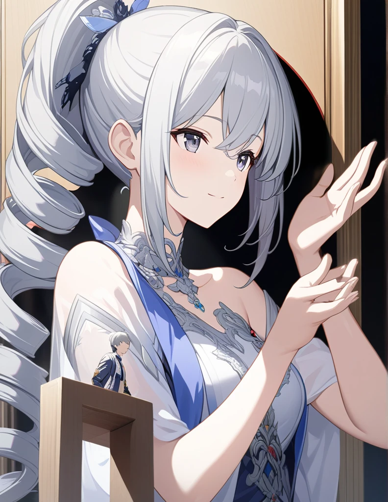 Silver Hair、ponytail、Drill Hair、sunglasseasterpiece:1.2), Highest quality, High resolution, unity 8k wallpaper, (figure:0.8), (Beautiful attention to detail:1.6), Highly detailed face, Perfect lighting, Highly detailed CG, (Perfect hands, Perfect Anatomy),Upper Body、White background、Simple Background、