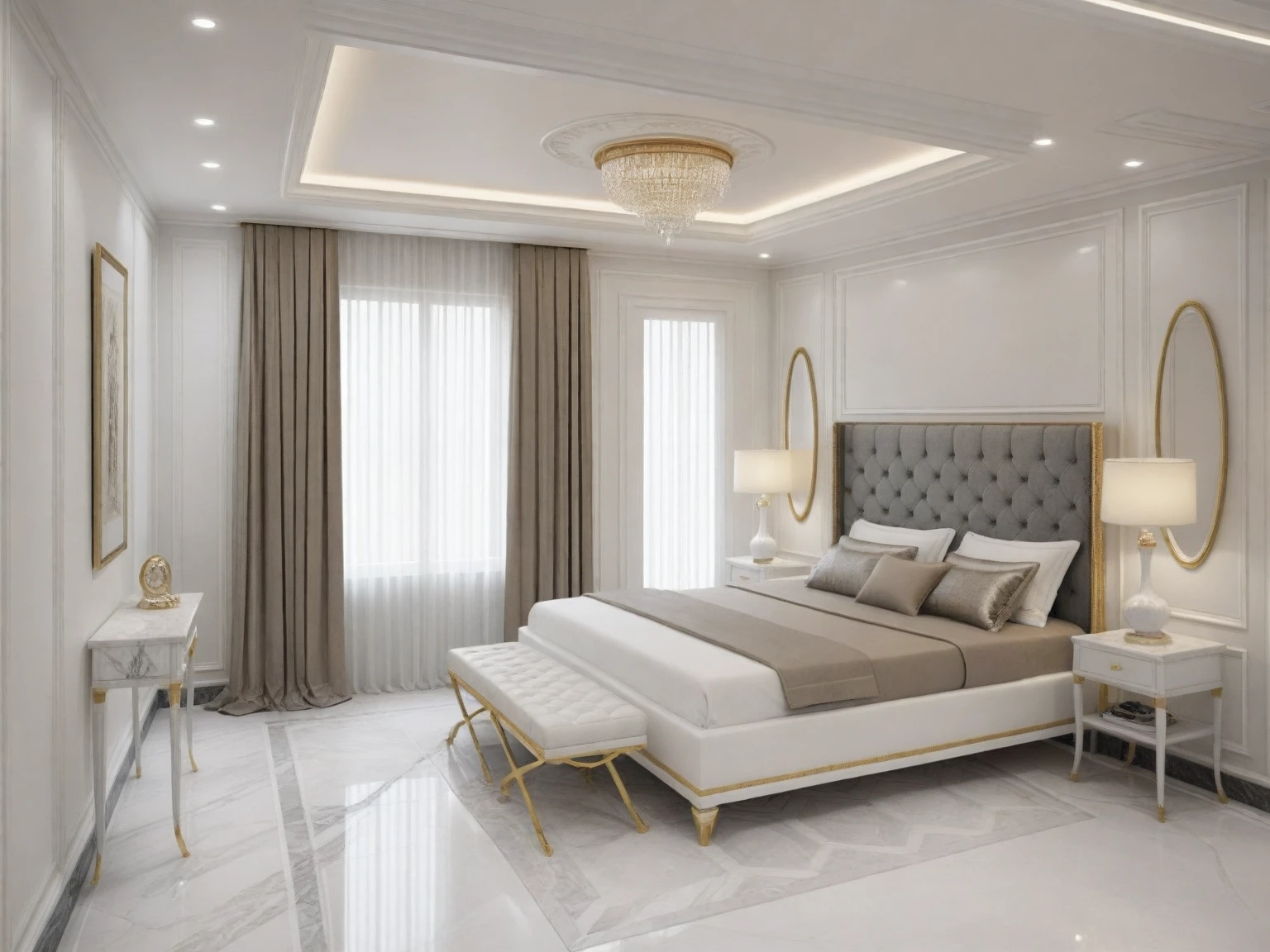 masterpiece, modern ((( bedroom : 1.3 ))) space, luxurious, aristocratic interior design, royal space, ((super detail :1.3))), neoclassical style design, neoclassical interior Modern blend, details, luxurious aristocratic neoclassical kitchen inside, luxurious marble floor, interior illustration, white, gray glossy floor ((1.2)),