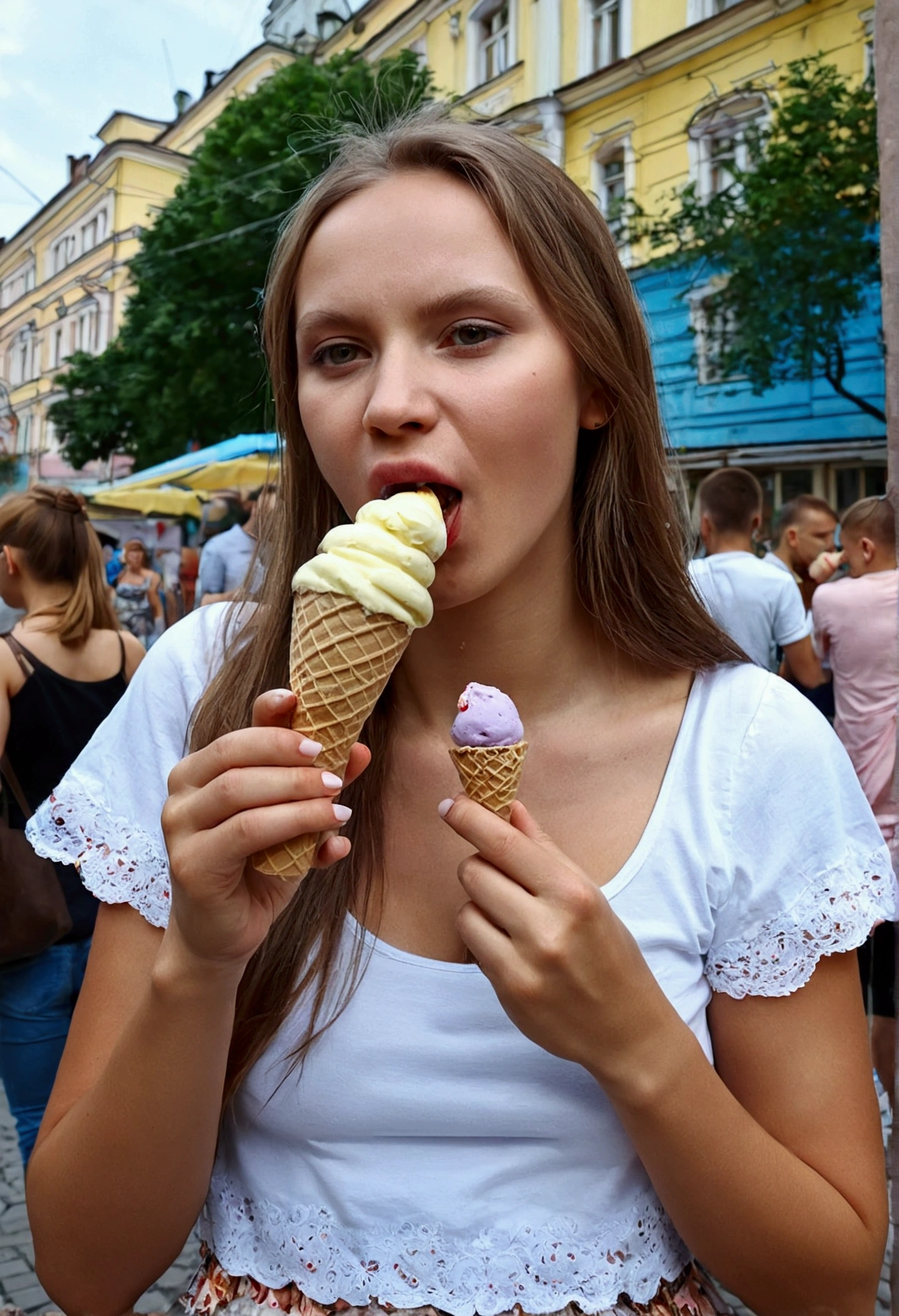 amazing ukranian woman eat ice cream in the Kiev