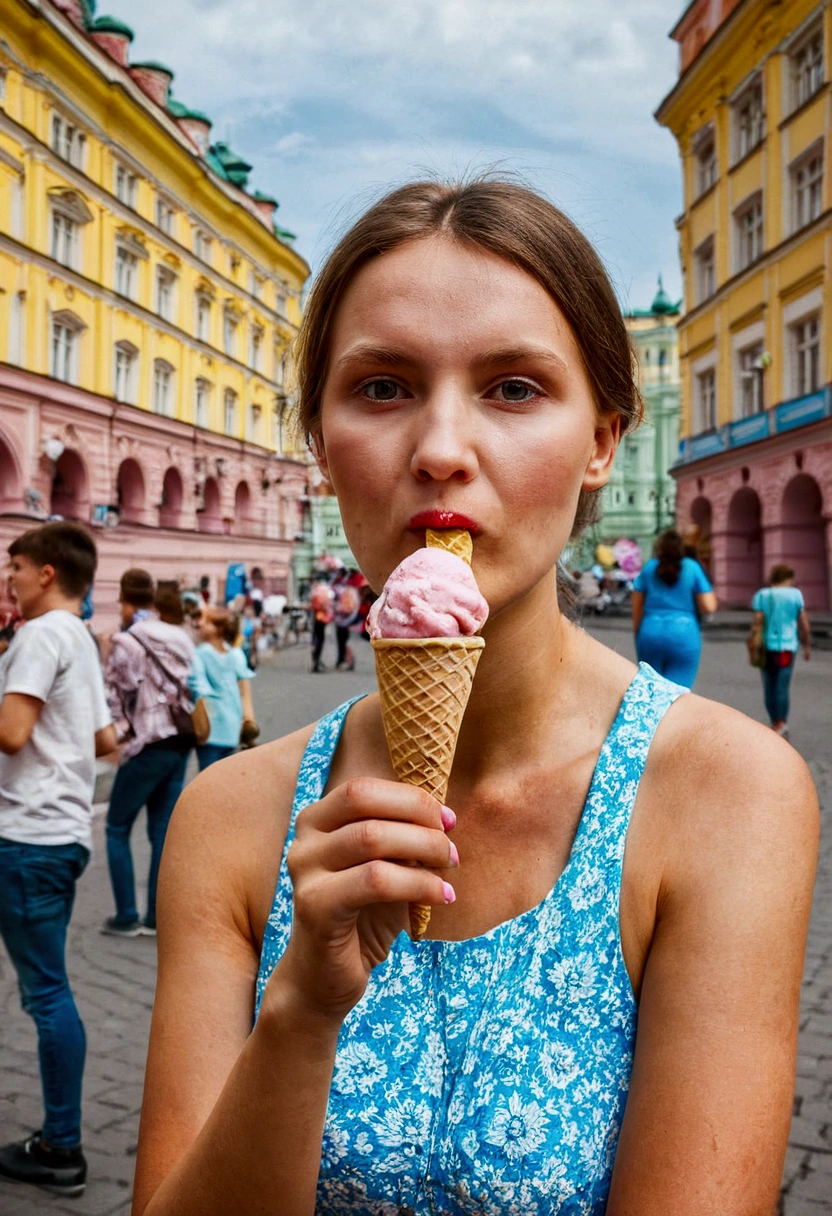 amazing ukranian woman eat ice cream in the Kiev