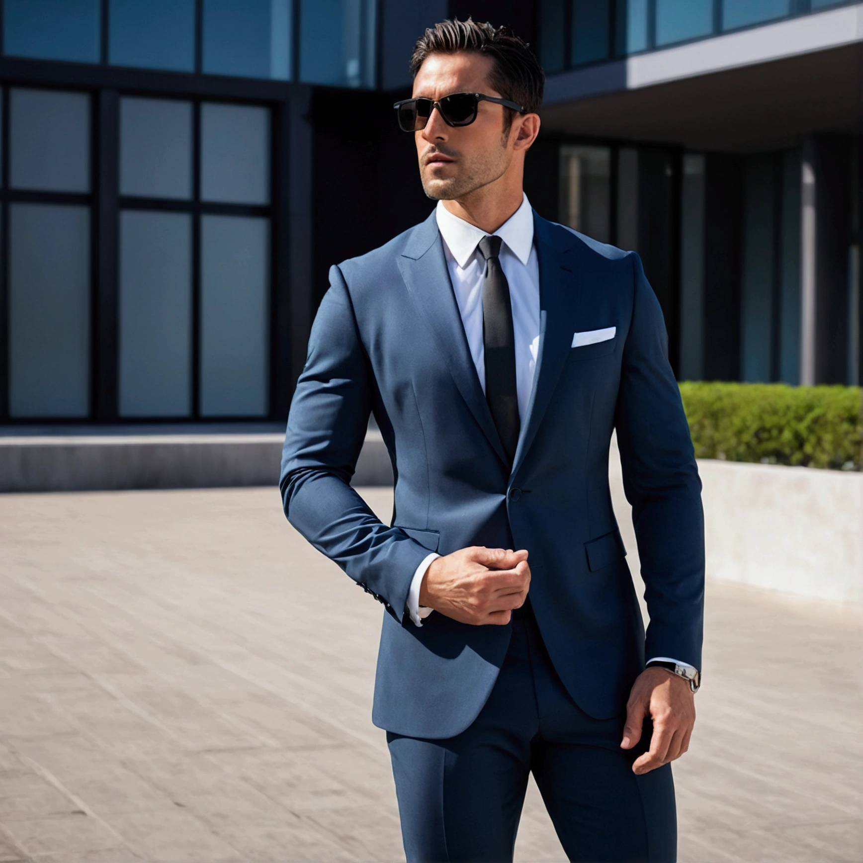 Attractive athletic man in his 30s with short dark hair, dressed in Hugo Boss business suit, black sunglasses, fine stubble, full body shot
