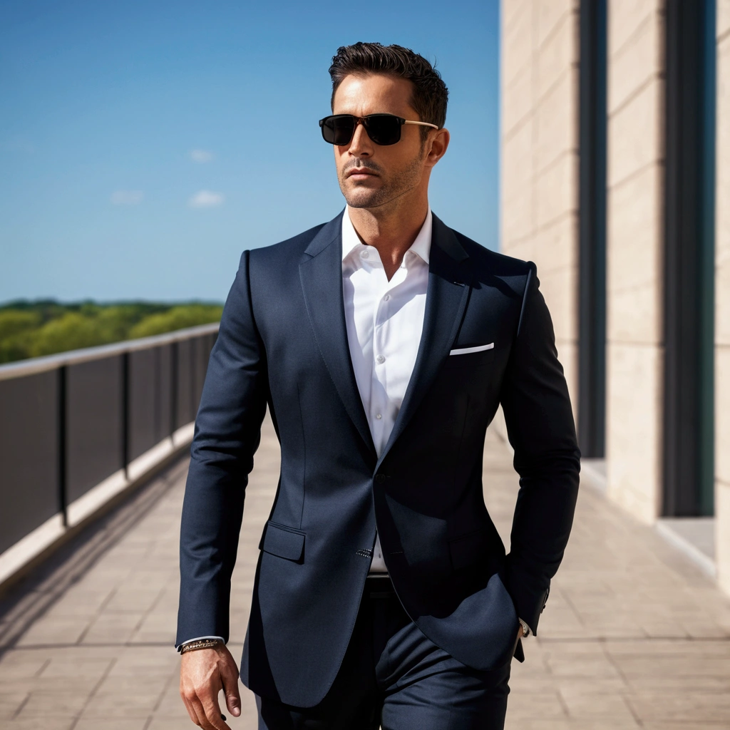 Attractive athletic man in his 30s with short dark hair, dressed in Hugo Boss business suit, black sunglasses, fine stubble, full body shot