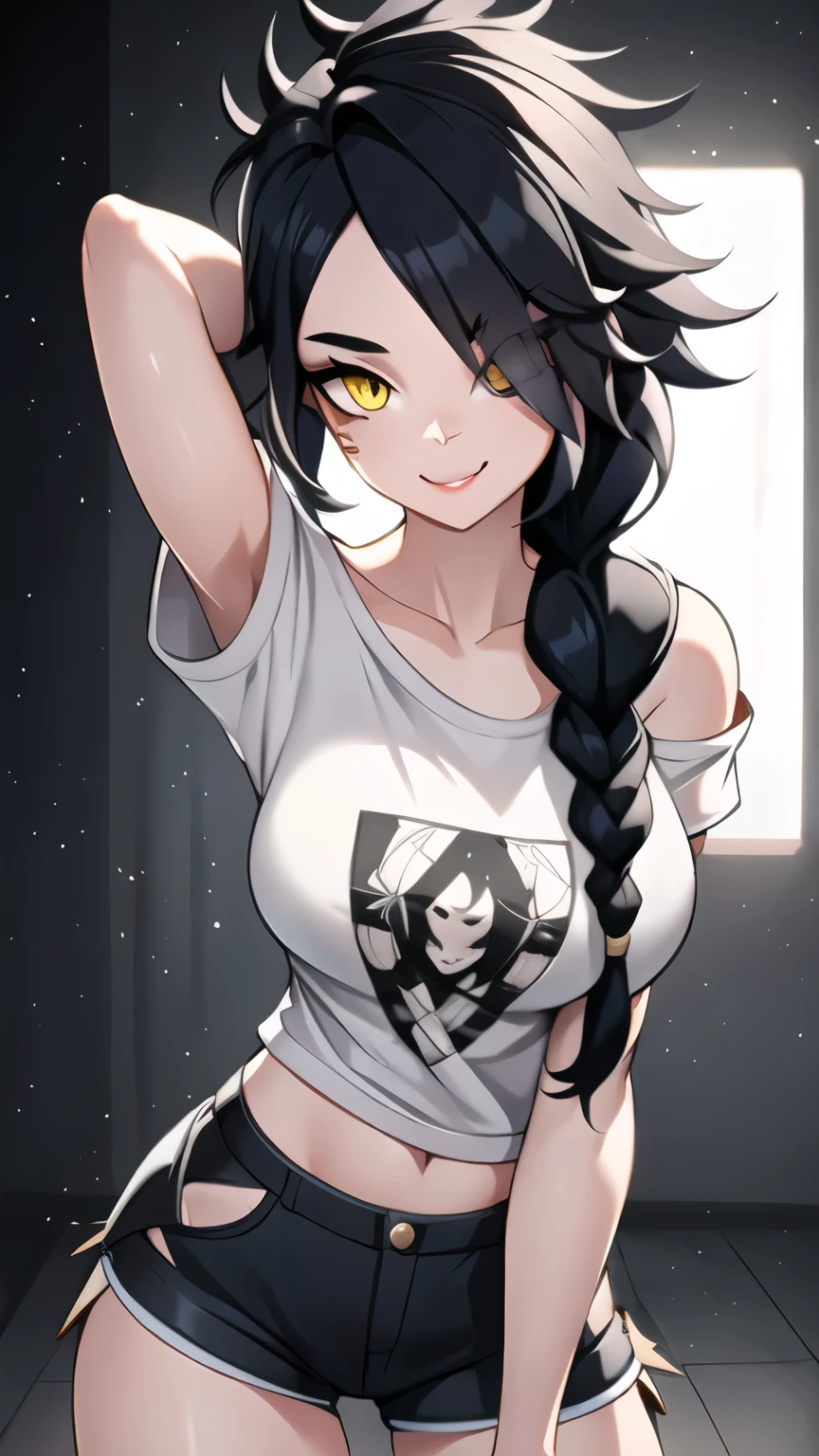 1girl, solo,  ultra long hair, looking at viewer, black hair, bandaid on face, yellow eyes, smile, bandaid on nose, braid, ultra detailed face, masterpiece, bangs, breasts, fang, bare shoulders, scar, shirt, bare shoulders, white shirt, short sleeves, glowing lips, t-shirt, hair over one eye, portrait, bag, hair over shoulder, shorts, fullbody shot, cute, messy hair