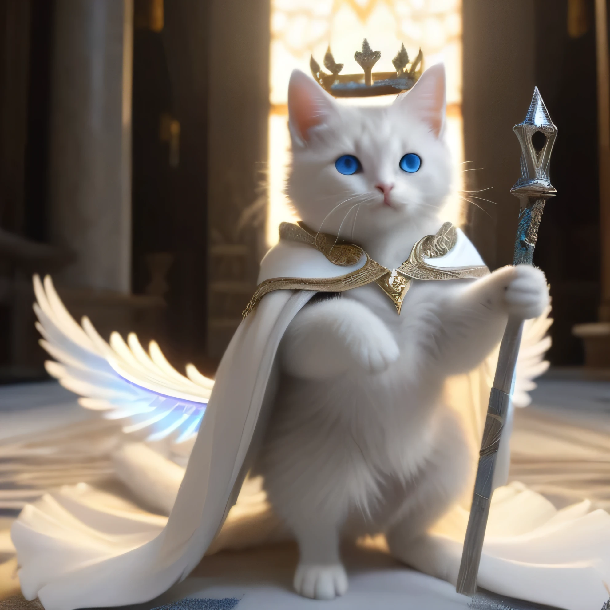 kitten, Fantasy World, White cat wizard in intricate ancient robes, Holding a white cane,(Papal crown:1.2), blue eyes, Intricate runes swirling, Casting a Spell, Holy Light, Fluffy tail, Detailed local information, (Ultra-detailed,high quality visuals,Dim lighting,Ultra-realistic,Sharply focused,Octane Rendering,8K Ultra HD,masterpiece,high quality),Beautiful sparkle,Beautiful sparkle, walk,Wave,Wind,(((glistening light of Wave))),(Detailed sunset),(floating flow),((Coral)),(bright),coastal,(floating colorful bubbles),Beautifully detailed skies,(sunlight),(Angel),Dynamic Angle, floating, wing, Hello, floating white silk,(Holy Light),Silver Star,
