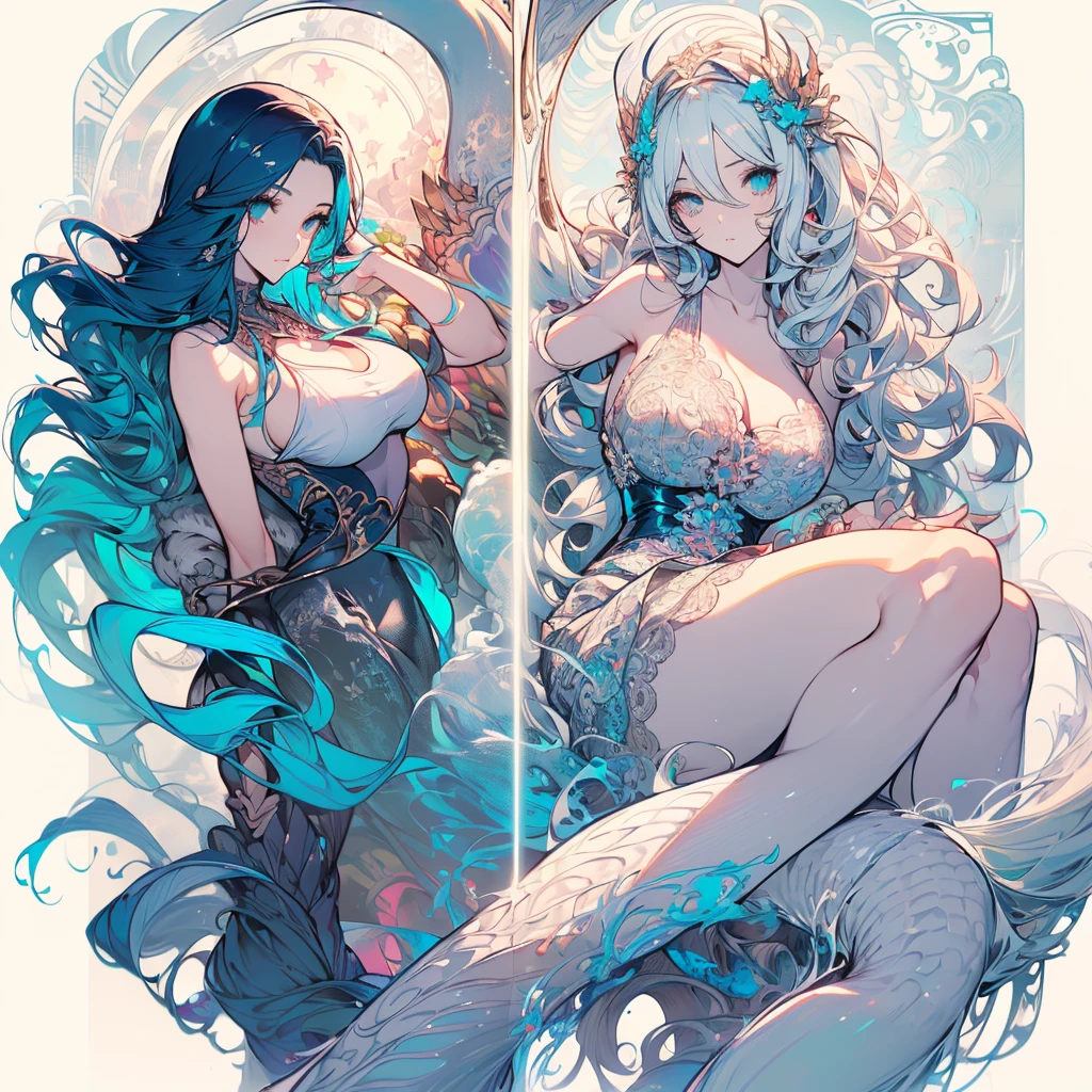 ((masterpiece, best quality)), Delicate face,Snake Woman,whole body,Perfect body proportions,Long legs,((Long wavy hair)), ((Half of her hair is white,The other half is cyan,Available in two colors)),beautiful eyes,Fantasy style,White background,transparent,Sex bikini,Lace,
