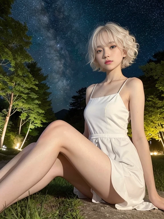  girl, short white hair, Very curly, Skinny body, small bust, green dress, two hands, shows her legs, sitting on a hill at night, very starry sky, few trees, flowers illuminating, next to her a small white fox, she very pretty.