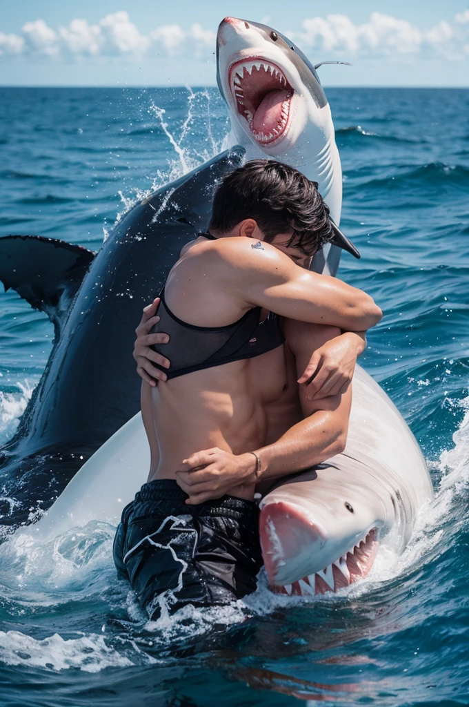 Man having his head eaten by a shark