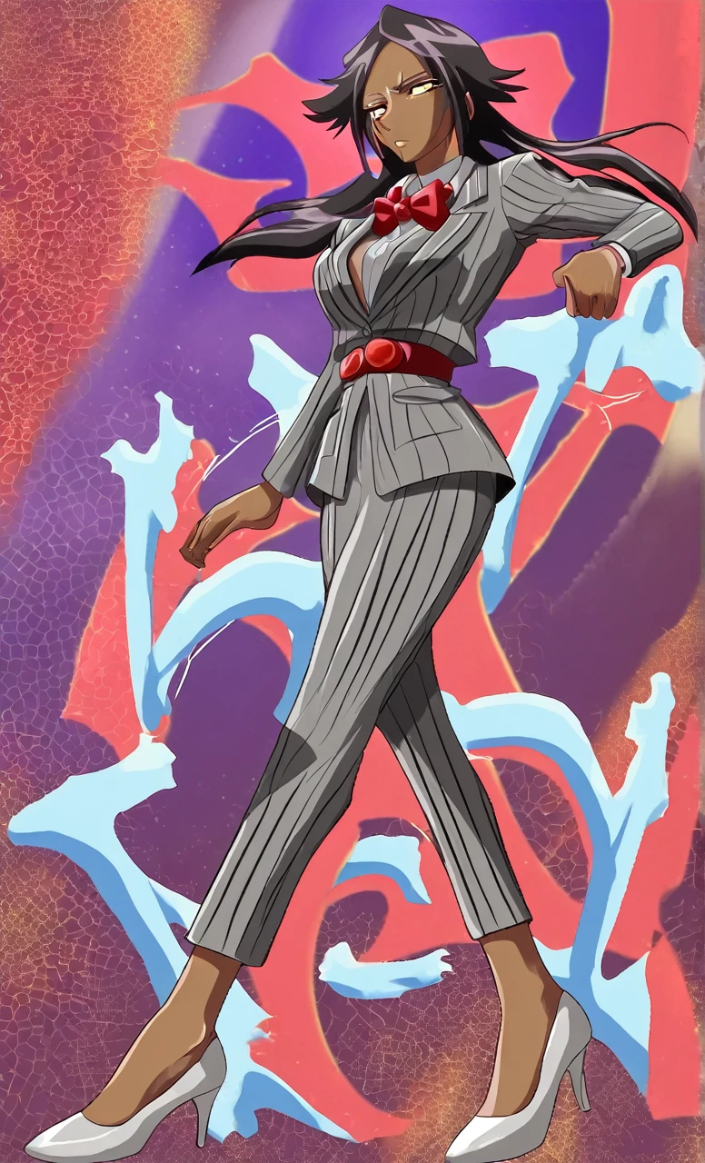 90s anime grown tall skinny black skinned female business woman in a grey pinstripe skirt suit wearing grey heels with cornrow hair full body
Pinstripe blaze and pinstripe skirt and red bow