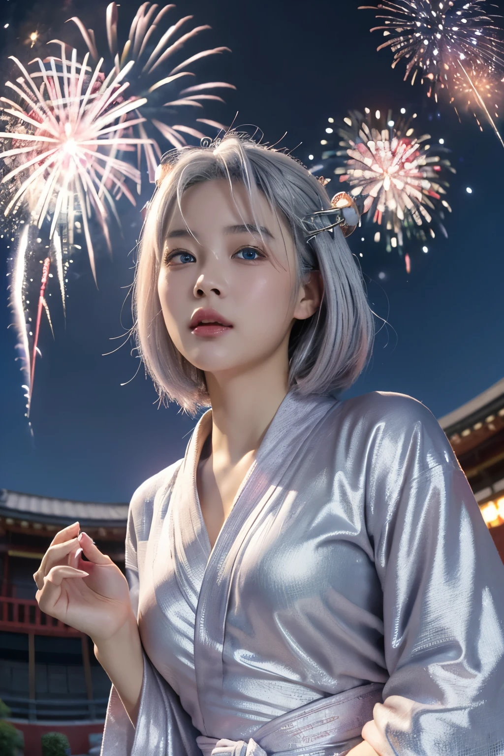 Highest quality、masterpiece、Ultra-high resolution、(Photorealistic:1.4)、RAW Photos、Detailed CG image quality、cyber punk、(Fireworks display:1.4)、Beautiful poop、One Girl、Japanese、22 years old、(blue eyes:1.2)、Pink lipstick、Laughter、(Silver hair:1.4)、Sunburned skin、(hair ornaments:1.4)、(Bathrobes:1.4), (Short length yukata:1.4)、Cleavage、Detailed portrait、8K quality、Concept Art、A dramatic, cinematic atmosphere、(Japanese Shrines:1.2)、(Japanese red and white lanterns:1.2)、Wind Chimes、(Festival Flag,)、Paper decoration、(3 + woman: 1.4)、Sharp focus、Volumetric lighting、Cinema Lighting、Colorful neon lighting、Depth of written boundary、Ambient Lighting、Blurred foreground、Blurred Background:1.3、(8mm fisheye lens:1.4)、(Angle from directly below:1.4)、(The whole body is visible:1.4)、