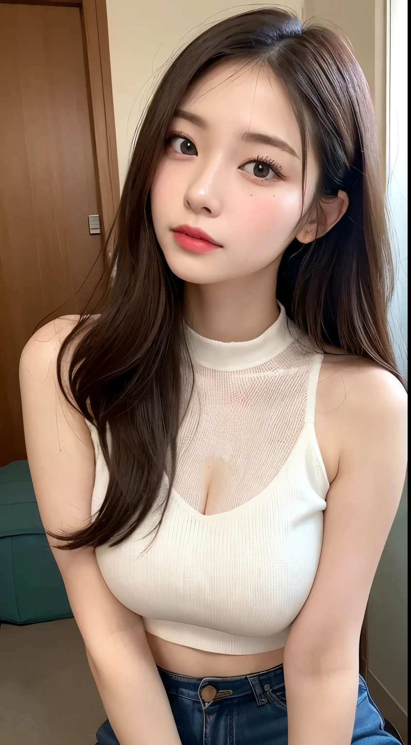 masutepiece、Highest quality、Photorealistic、Attention to detail、High resolution、8k wallpaper、Perfect dynamic composition、Beautiful detailed eyeedium Hair、Large Breasts、Random sexy poses、Put your chest close、(See-through mock neck crop tank top in white knitwear、The cleavage looks realistic)、(Breast swelling 1.2)、Resort scenery、Age 25、(Droopy Eyes 1.4)、Adult Beauty、Japanese、Emphasize cleavage、Moist and sweaty breasts、Shiny skin、Upper body photograph from the knees up