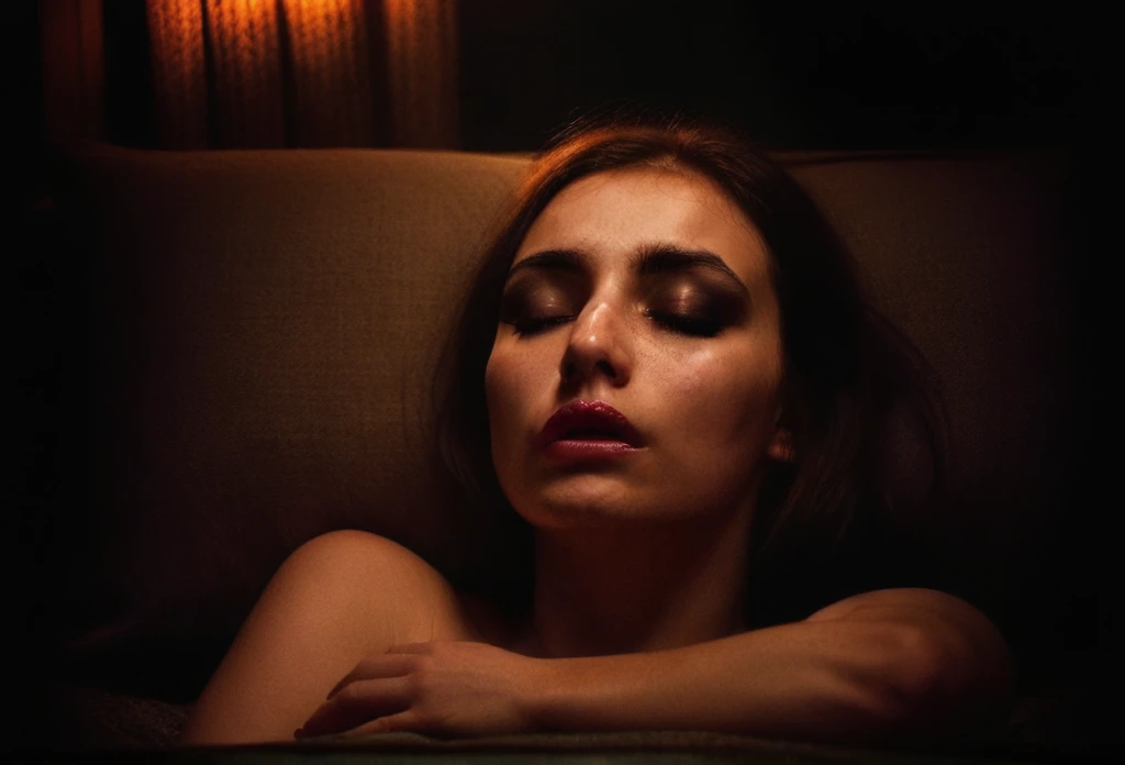 
a young woman 
 sleepy smoky eyes  beautiful ,  
cozy, lying  in a room with a view of a forest
dark art , dim light, rim light, dark shadows, dramatic lighting, 
Half open mouth