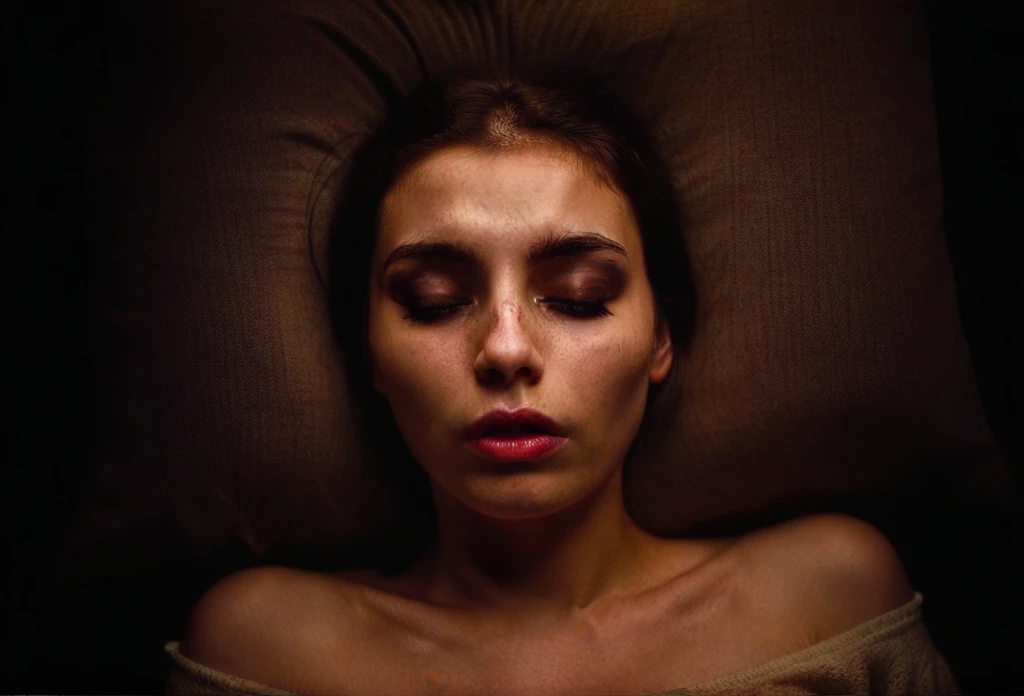 
a young woman 
 sleepy smoky eyes  beautiful ,  
cozy, lying  in a room with a view of a forest
dark art , dim light, rim light, dark shadows, dramatic lighting, 
Half open mouth