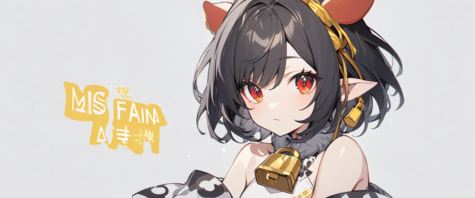 White-gray background, white background with gray patterns ,,yellow styleWith the inscription in the zh of "Miss Faina",A girl with short black hair with dull yellow strands, bare shoulders, pointed cow ears, red eyes,separate white fur collar with a lock, white top