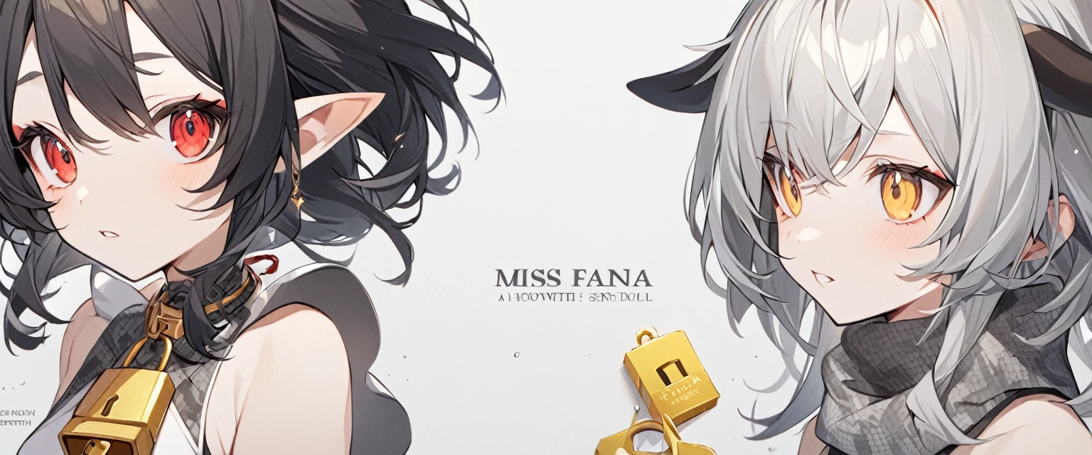 White-gray background, white background with gray patterns ,,yellow styleWith the inscription in the zh of "Miss Faina",A girl with short black hair with dull yellow strands, bare shoulders, pointed cow ears, red eyes,separate white fur collar with a lock, white top