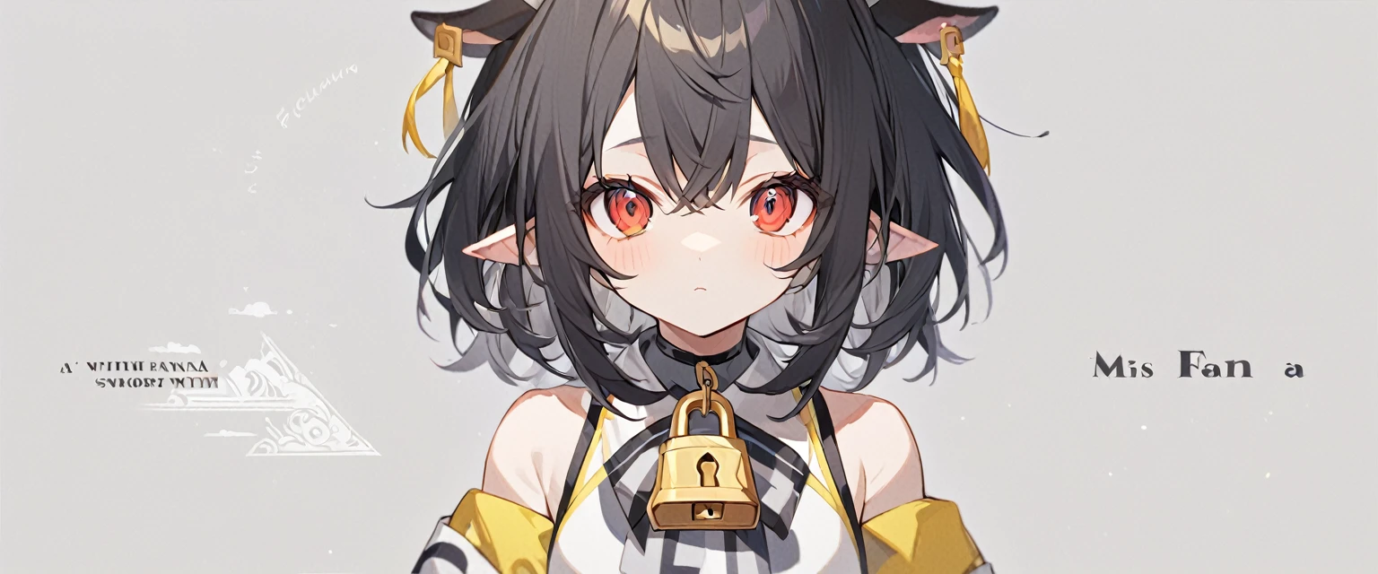 White-gray background, white background with gray patterns ,,yellow styleWith the inscription in the zh of "Miss Faina",A girl with short black hair with dull yellow strands, bare shoulders, pointed cow ears, red eyes,separate white fur collar with a lock, white top