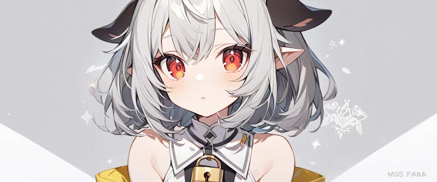 White-gray background, white background with gray patterns ,,yellow styleWith the inscription in the zh of "Miss Faina",A girl with short black hair with dull yellow strands, bare shoulders, pointed cow ears, red eyes,separate white fur collar with a lock, white top