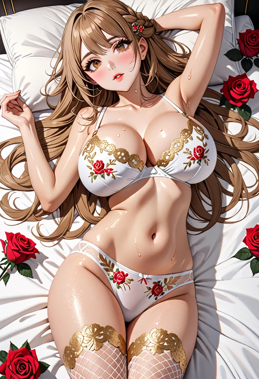 (((Highest quality, Ultra-high resolution、The most complex and detailed depiction)))、((masterpiece:1.3)), (8k, RAW Photos, Best image quality: 1.4), Very detailedな顔、Attention to detail、(Beautiful woman:1.4),(Realistic:1.4) 、 (photo-Realistic:1.2), Very detailed, Beautiful attention to detail, (girl:1.2)、((Embarrassing,Ecstatic、(blush)、Dark eyeliner、Eyelash length、False eyelashes、double eyelid、((Brown eyes))、Light fluorescent lip gloss, ((hostess:1.2)),(((White bra、Floral embroidery)、(White panties、Floral embroidery))),(((Black kimono、Lots of roses pattern、Gold embroidery、Red and white rose pattern)))、(((Big rose gold hairpin)))、(Huge breasts:1.6),、(Cleavage:1.2)、(((Light brown hair、Braided hair、((Gather your hair at the back of your head,Put your hair up)))))、(Gal-style makeup、Dark eyeliner、Black eyeliner、Heavy eye makeup、Eyelash length、False eyelashes、Eyelash length:1.4)、(Big eyes、Big black eyes、Big eyes)、elongated nose、Heavy makeup、Face with gills、Spread your legsこちらに向ける、(((whole body)))、Spread your legs座る、Spread your legs、(sexy)、(Glamorous Body)、(Saggy breasts、Large saggy breasts)、((Sweat、Your body is wet))、(((Lie on your back in a luxurious bed)),(Put your hands behind your head)、White mesh tights、Beautiful legs