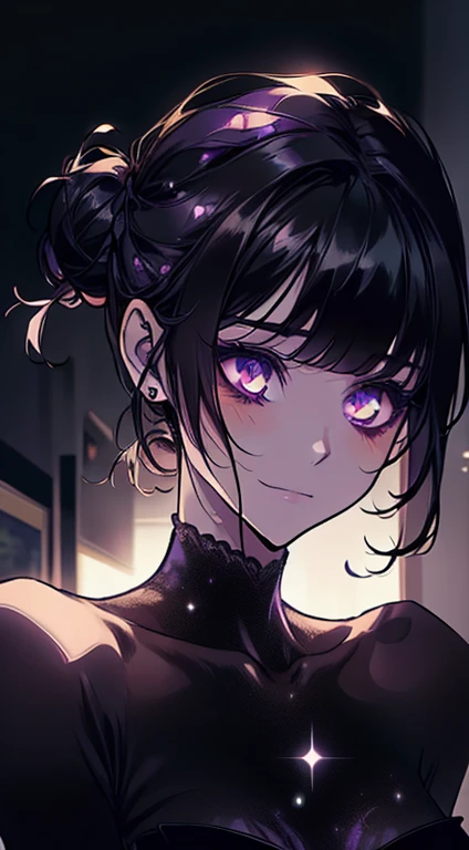 work of art, best qualityer, realisitic, mature woman, cute, 25 years old, cloused mouth, portraite, extreme detailed face, soft smiling, (dark purple eyes), ((with single black hair bun), ((hair with front bangs)), [tthin eyebrows], ((light purple dress)), no-makeup, drlight smile, ear flush, light blush, short eyelashes, 4K,open air