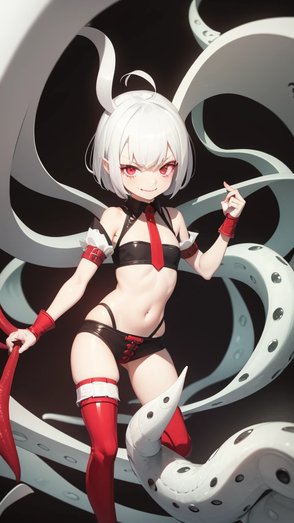 Outrageous, best quality, li, 8 yeld, We tentacles, Bad bad smile, White short hair, Red eyes, Vertical pupil, Fighting Stance, whole body, Sharp fangs, Fewer clothes