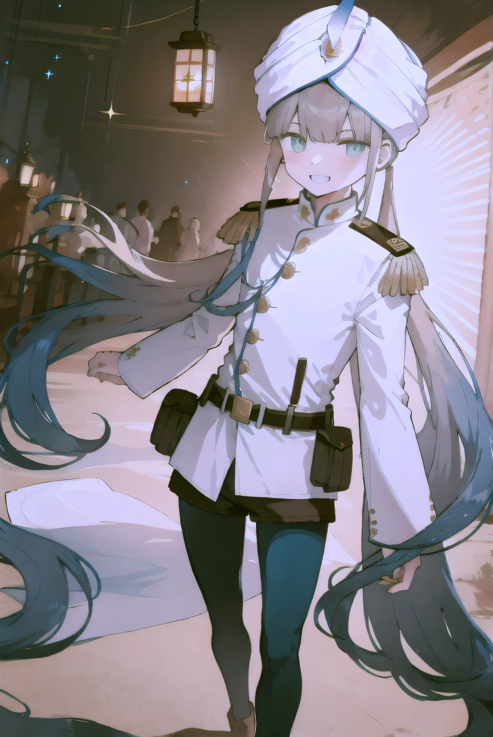 masterpiece, best quality, captain nemo \(fate\), blonde hair, (blue hair:1.1), multicolored hair, gradient hair, bangs, blunt bangs, green eyes, pupils, detailed pupils, very long hair, low twintails, otoko no ko, 1boy, white jacket, long sleeves, epaulettes, black shorts, (blue pantyhose), white turban, white hat, 1boy, solo, standing, smile, underwater, ethereal, stars, looking at viewer, landscape, ((holding a large lantern)), (at the end of a long dark tunnel), light at the center, darkness around edges