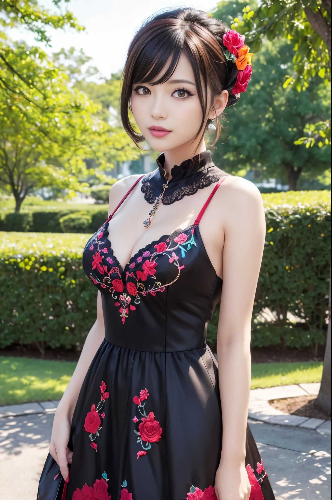 (masterpiece:1.4), (best quality:1.4), ultra high res, ultra high resolution, ((detailed facial features)), HDR, (realistic, photorealistic, photo-realistic:1.37), full body Esbian, sexy Japanese model, (-anime), only 1 model, vivid colors, ((vivid colors multicolor very short hair)), (beautiful smile), lip-gloss, long lashes, defined eyebrows, wearing large sparkling colorful jewelery, wearing a red silk Paradise Kiss cosplay dress with black floral embroidery, ((vivid colors outfit)), vivid colors, look at the camera, cinematic light, large park background with trees, sweet and sexy pose