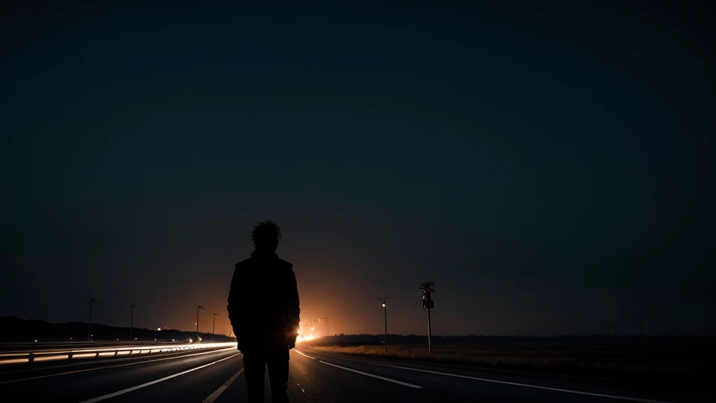 the highway is alone, very dark and the man can only see his silhouette.