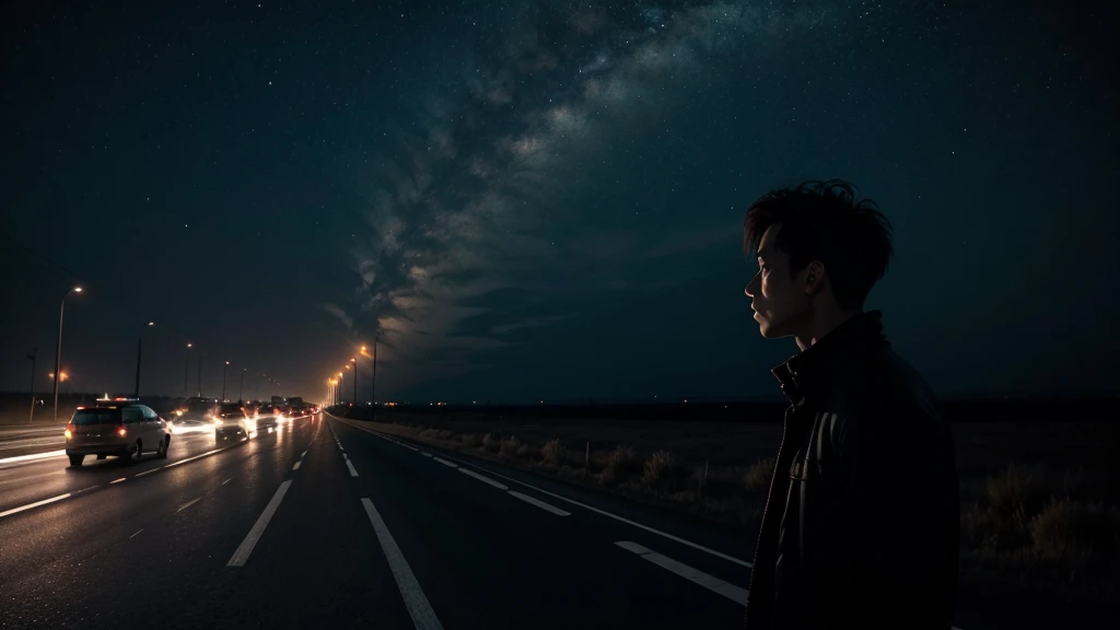 the highway is alone, very dark and the man can only see his silhouette.