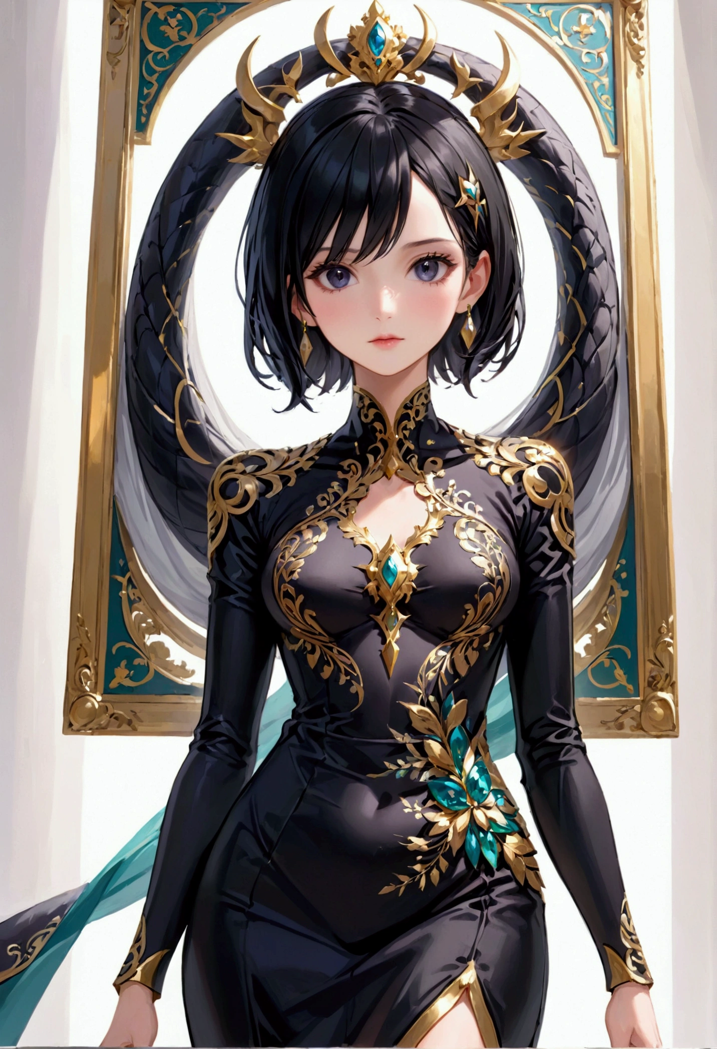 Girl with vanta black hair, black eyes,tall rectangular body figure, mature, elagant dress