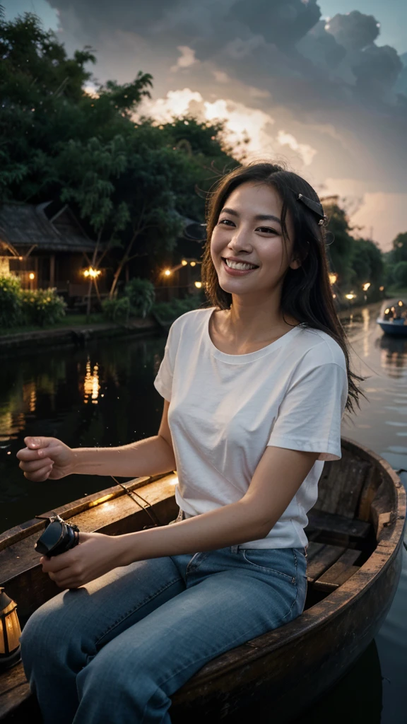 A beautiful woman with smooth white skin, Asian, laughing, cheerful, happy, wearing a white t-shirt, blue jeans, carrying a large camera, looking expensive, sitting on an old wooden boat. Watch fireflies in the canal at night. Fireflies are insects that glow. Fly low. Dim moonlight filters through the clouds. Soft moonlight. A dark night. Thick, black clouds. Only the fireflies glow slightly. that fly back and forth to that area There is a reflection in the water. In a canal with calm water like a mirror, Thai landscape, 32K high resolution.
