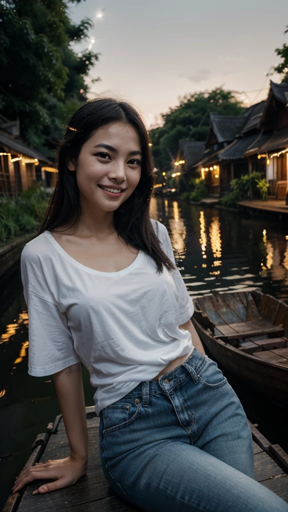 A beautiful woman with smooth white skin, Asian, laughing, cheerful, happy, wearing a white t-shirt, blue jeans, carrying a large camera, looking expensive, sitting on an old wooden boat. Watch fireflies in the canal at night. Fireflies are insects that glow. Fly low. Dim moonlight filters through the clouds. Soft moonlight. A dark night. Thick, black clouds. Only the fireflies glow slightly. that fly back and forth to that area There is a reflection in the water. In a canal with calm water like a mirror, Thai landscape, 32K high resolution.