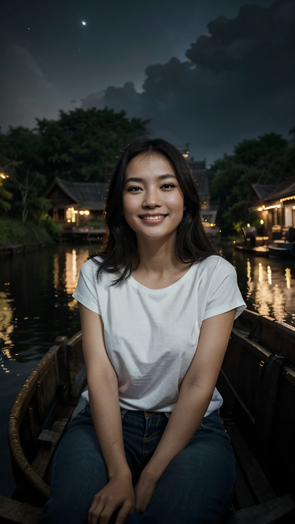 A beautiful woman with smooth white skin, Asian, laughing, cheerful, happy, wearing a white t-shirt, blue jeans, carrying a large camera, looking expensive, sitting on an old wooden boat. Watch fireflies in the canal at night. Fireflies are insects that glow. Fly low. Dim moonlight filters through the clouds. Soft moonlight. A dark night. Thick, black clouds. Only the fireflies glow slightly. that fly back and forth to that area There is a reflection in the water. In a canal with calm water like a mirror, Thai landscape, 32K high resolution.