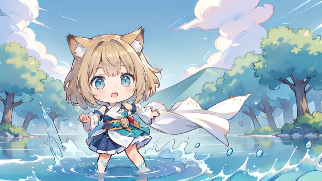 Chibi Character、Cat ear、Blonde Hair、Short Hair、Cat ear、Turquoise Eyes(masterpiece, Highest品質, Highest, Official Art, beautifully、aesthetic, exposed for a long time:1.3), Fluid movement, Fascinating patterns, (One girl: 2), (Dynamic pose), Absurd, Portraiture, alone, (whole body:1.1), View your viewers, Detailed Background, Detailed face, standing on water, ripple, swirling water, Suspended particles, Ether Dynamic, water, splash, vapor, Ocean Background, coastal, Ethereal atmosphere, (Crystal AI:0.8), Realistic Skin, Dramatic lighting, Ultra-realistic, wallpaper, Complex, Sharp focus, Ray Tracing, RTTX 10.0, Professionally color coded, Professional photography, masterpiece, Super detailed, high quality, Highest quality, 4K, 8k, born, FFX, Heterochromia iridis, short hair, Yuna Costume, hair ornaments, Removable sleeves, In the same way, sash, In the same way skirt, Navy blue long skirt, smile, Happy, Blonde Hair、Short Hair、Cat ear、Turquoise Eyes