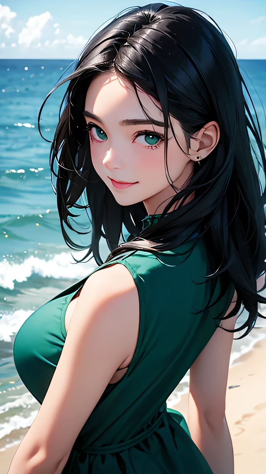 Highest quality、Realistic、girl、zoom、cute、Dark green eyes、Black Hair、Back to all、the forehead is protruding、Blue dress、Ocean、Looking down、Big smile、Dark Skin、Large Breasts、Bust Shot、slender