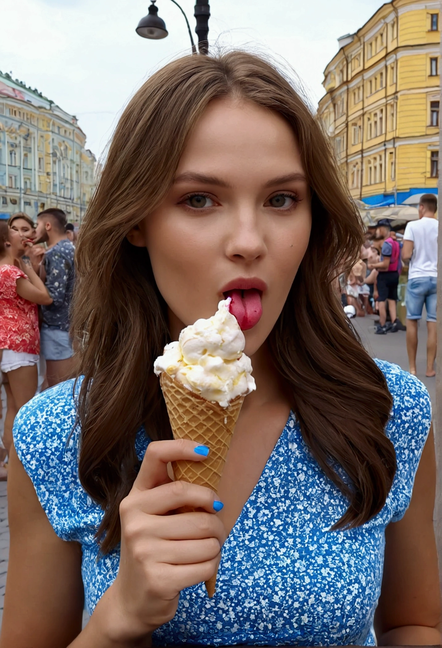 amazing modern and sexy ukranian woman eat ice cream in the Kiev