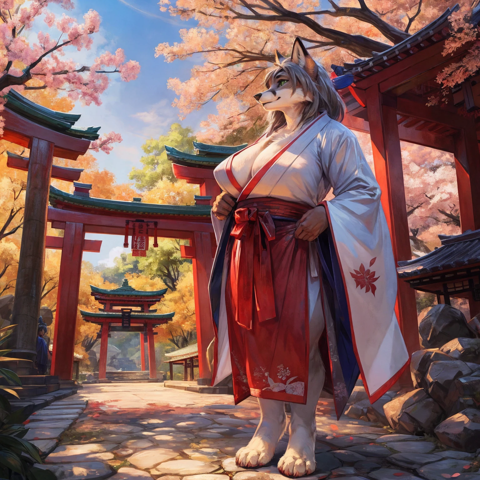 high resolution, (masterpiece: 1.4), (60 years old fox woman), gilf, gray hair, orange fur, white markings, green eyes, high detail eyes(cafe:1.2), detailed backround, huge breasts, sagging breasts, (nipple outline:0.75), full body, highly detailed eyes, cleavage, shrine maiden, japanese clothes, detached sleeves, hakama, white stockings, Masterpiece, best quality, absurd res, highly detailed, park environment, japanese shrine, torii gate, standing upright, casual posture, barefoot, digitgrade, four toes, by darkgem,