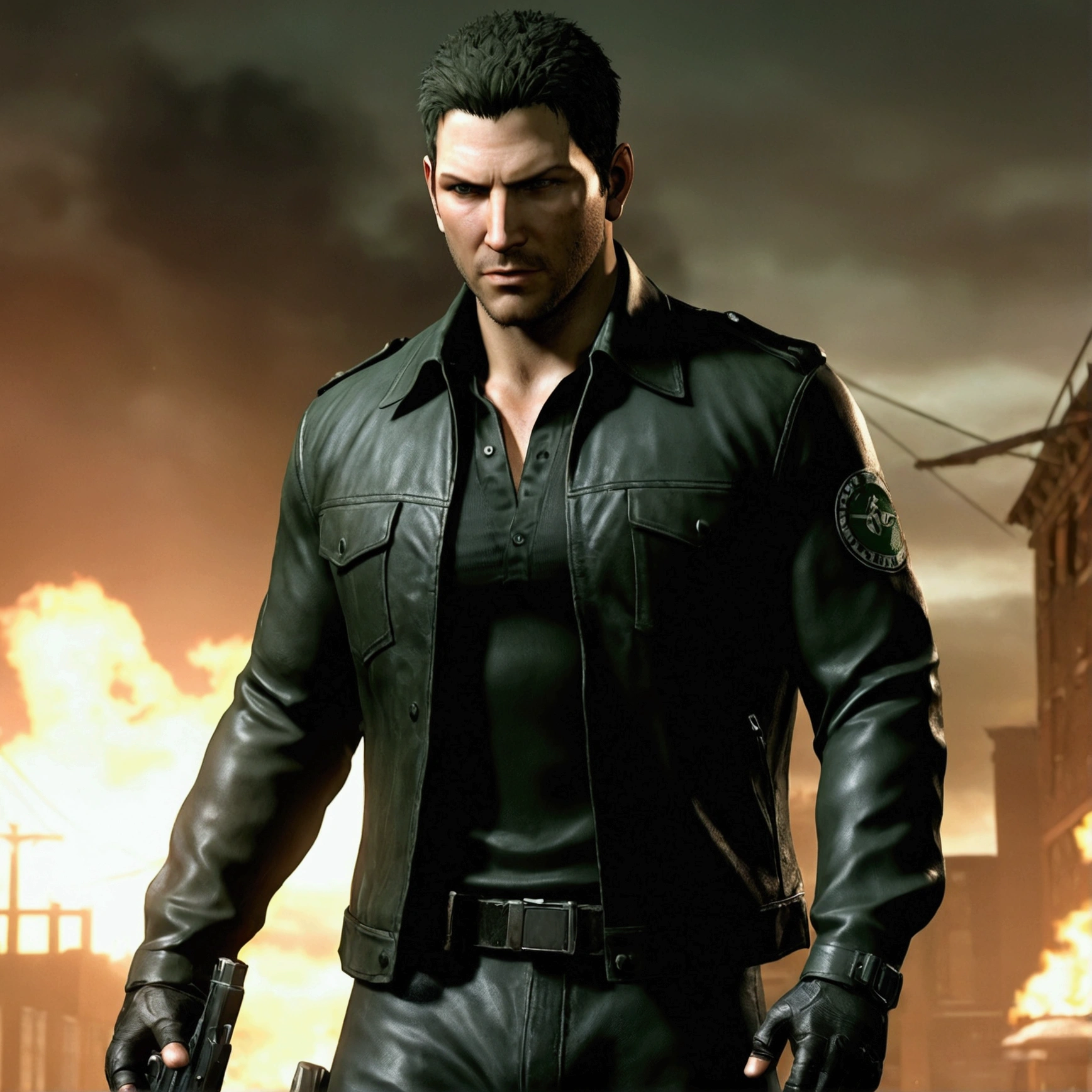 Resident Evil 5&#39;s Chris Redfield wearing a black dress shirt, a black leather jacket and black pants.. elegant, clean shaven and young.
