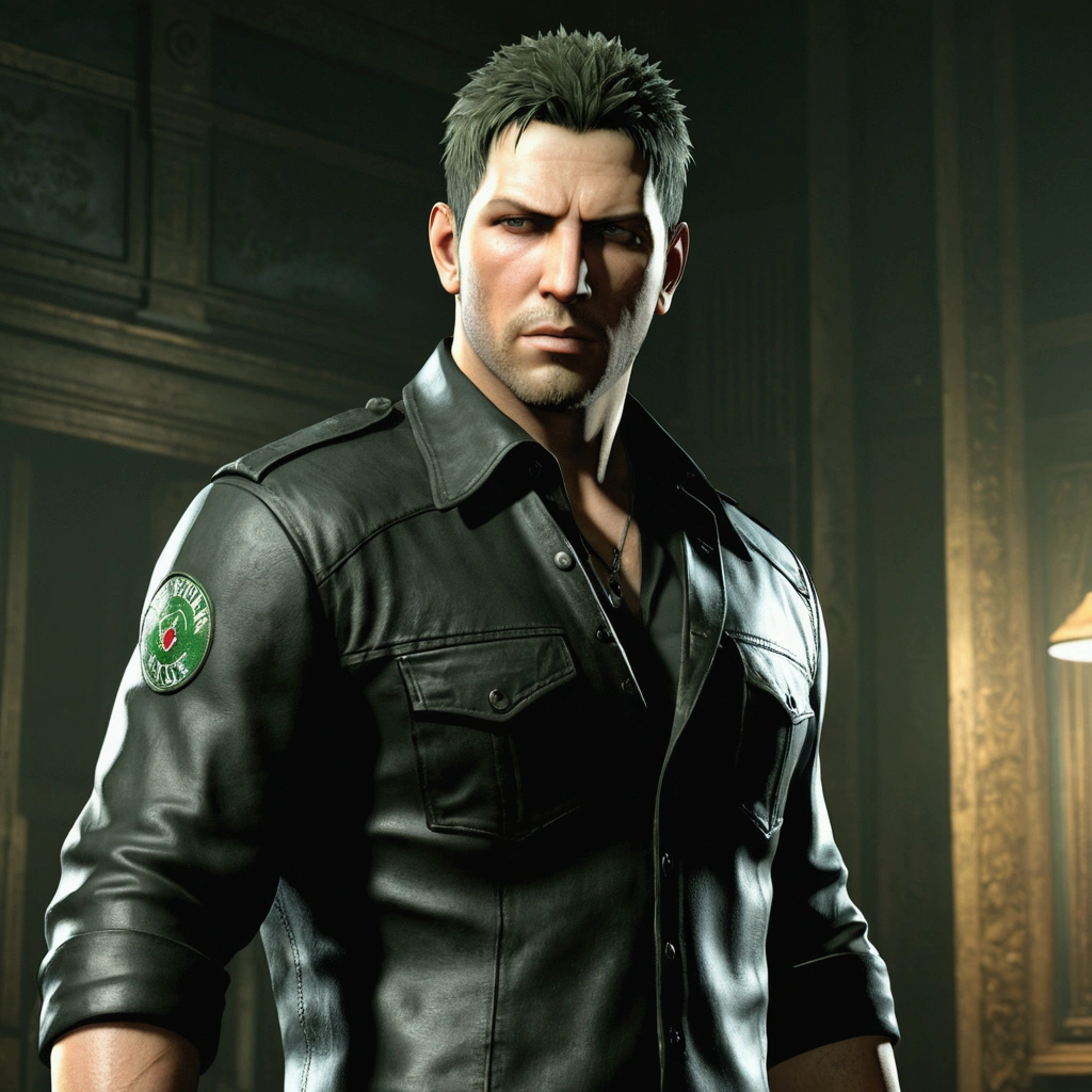 Resident Evil 5&#39;s Chris Redfield wearing a black dress shirt, a black leather jacket and black pants.. elegant, clean shaven and young.