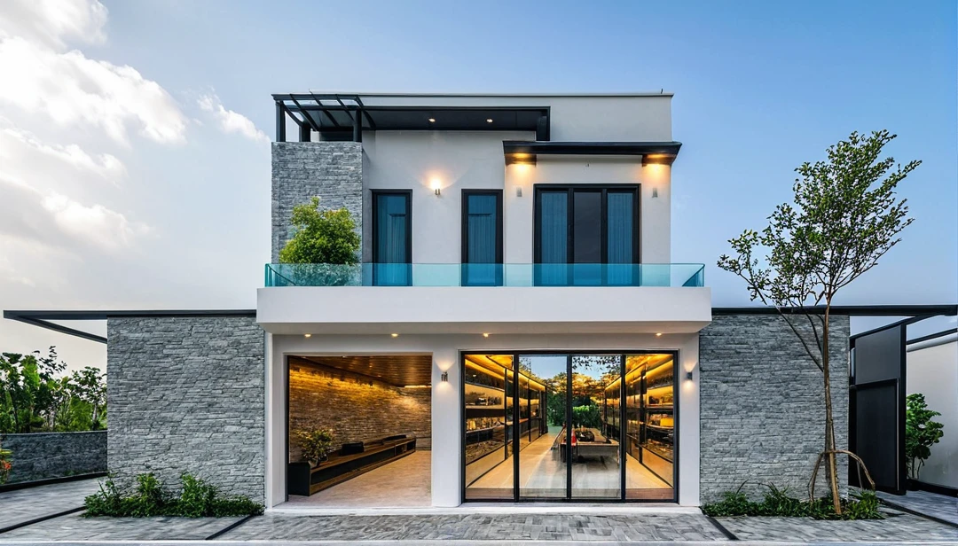 Two-story townhouse, Minimalist architecture, modern house, brightly painted walls, stone wall accents, xingfa aluminum glass doors. The canopy is made of durable glass. Vào buổi chiều, The building system has been turned on and you can see the interior, The floors are where businesses are located, The second floor is the residence. representative reality. surreal house