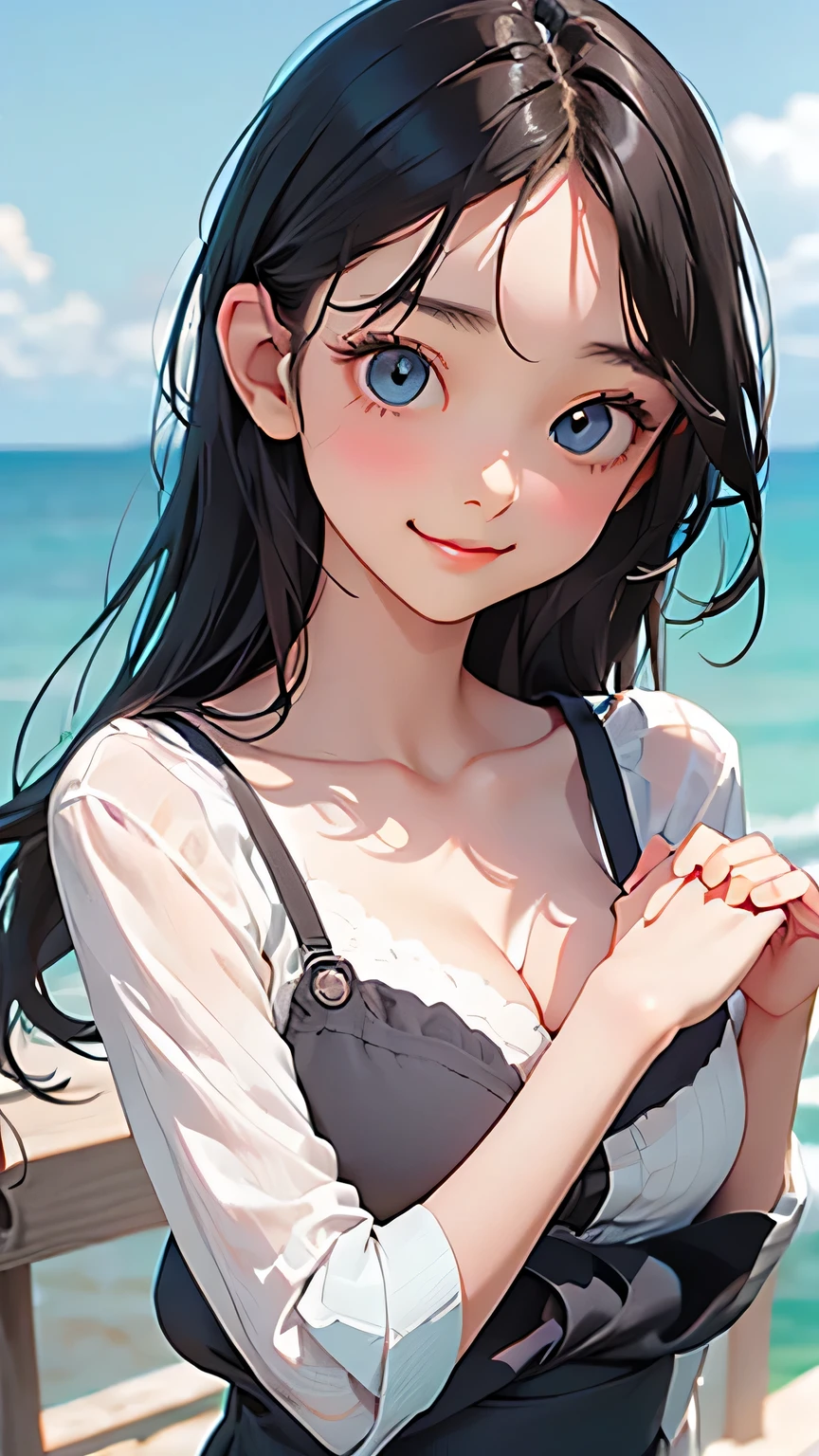 Official art、Top quality ultra-detailed CG art、a beauty girl：１.２）、Dark hair、Glossy hair、smooth hair、large blue eyes,Mid summer、kawaii、The sky is beautiful、medium cut、White competitive swimsuit、Smooth clothes、ssmile、It features a simple、Naked、