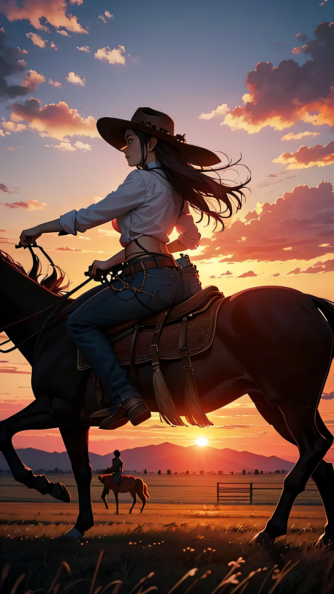 Under the red sunset sky,With vast pastures in the background,cowboy(woman)A dynamic scene of a man riding his beloved horse to herd cattle., Express your dynamism